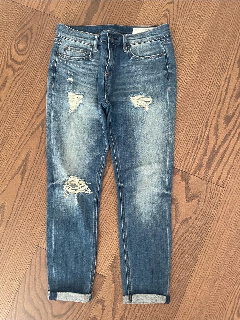 rag & bone faded blue distressed skinny slim jeans 10 inch capri